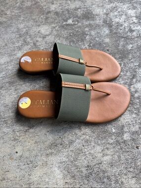 Italian Shoemakers Olive and Tan Slide Sandals with Toe Loop